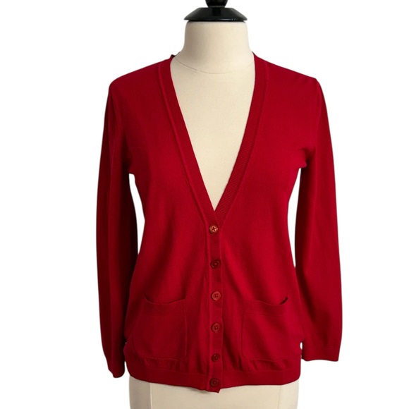 Kasper Sweaters - Kasper Women's Long Sleeve, Front Button, V-Neckline Cardigan, Red, Size M